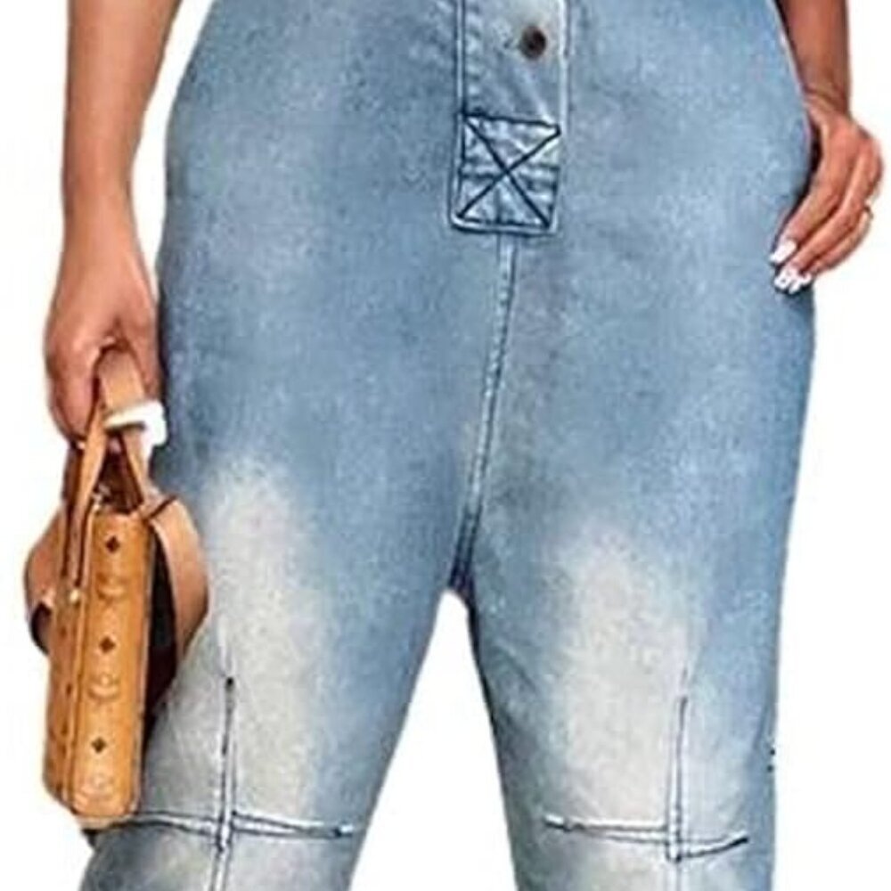 Women's Casual Loose Fit Jean Jumpsuit Overalls Crop Harem Denim Pants